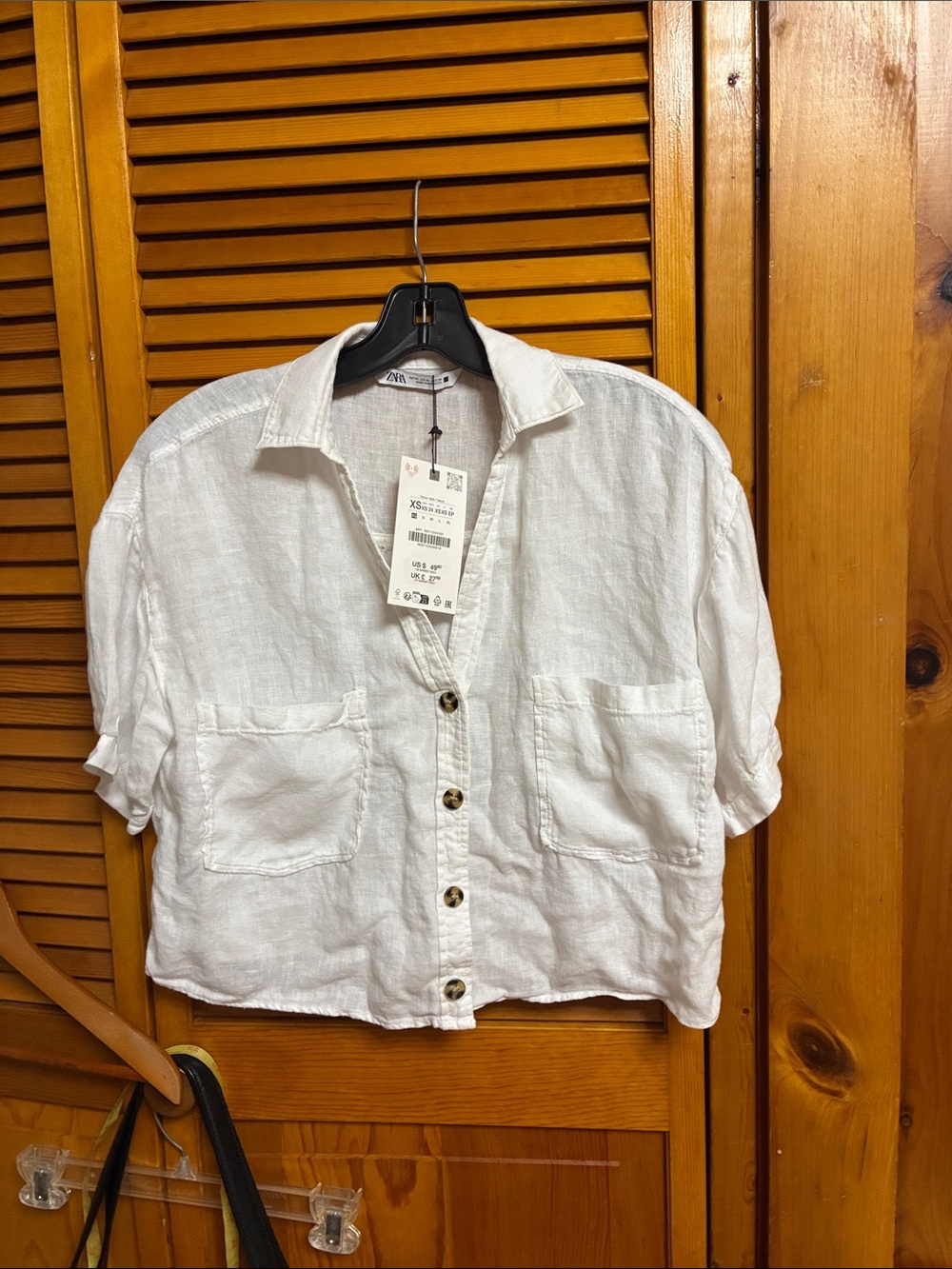 Zara  women White Linen Button-Front Pocket Shirt length 20”pit to pit 21”